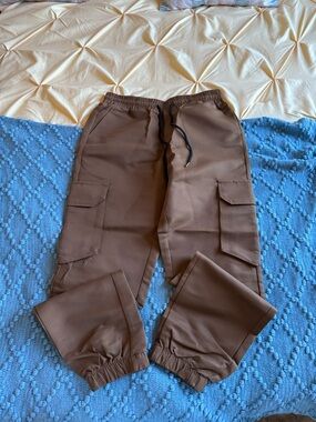 Brown Cargo Jogger Pants with Elastic Ankles